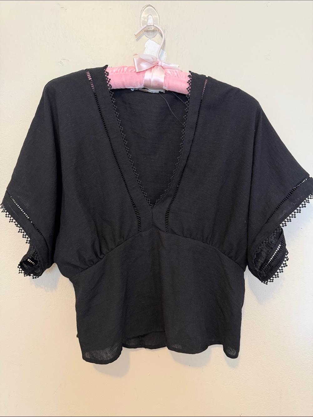 Zara Black V-Neck Crochet-Trim Blouse